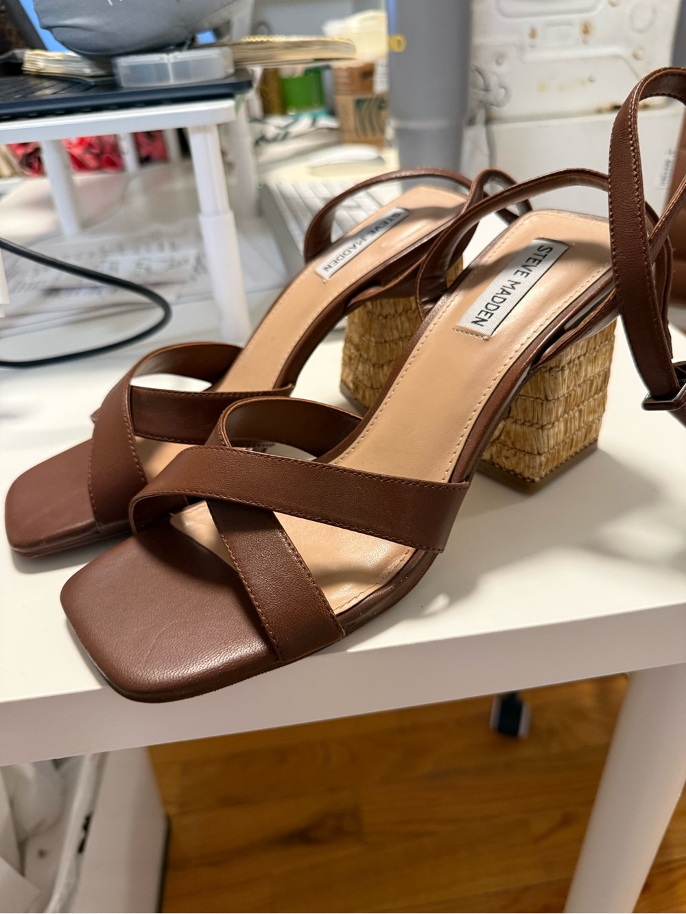 Steve Madden Brown Crisscross Strap Woven and Raffia Block Heel Sandals